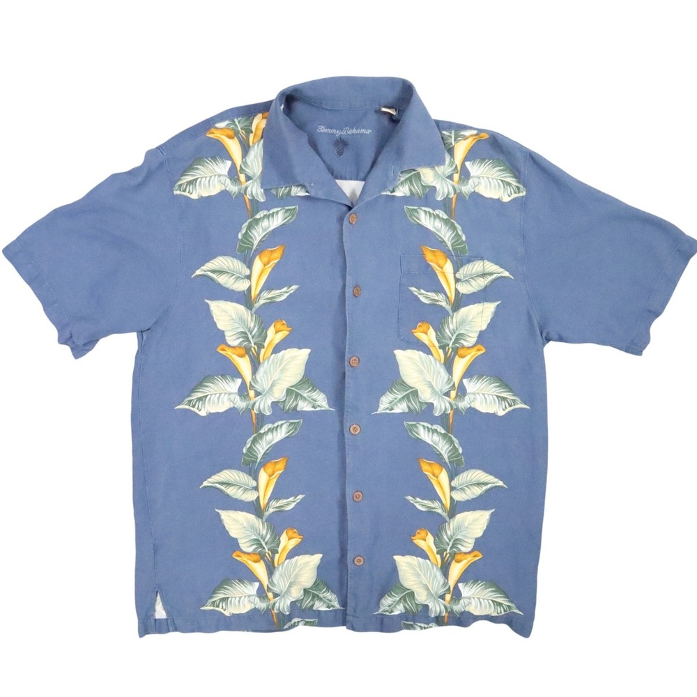 Tommy Bahama Calla Lily Camp Shirt Mens L Blue Floral Silk Tropical Summer Y2K